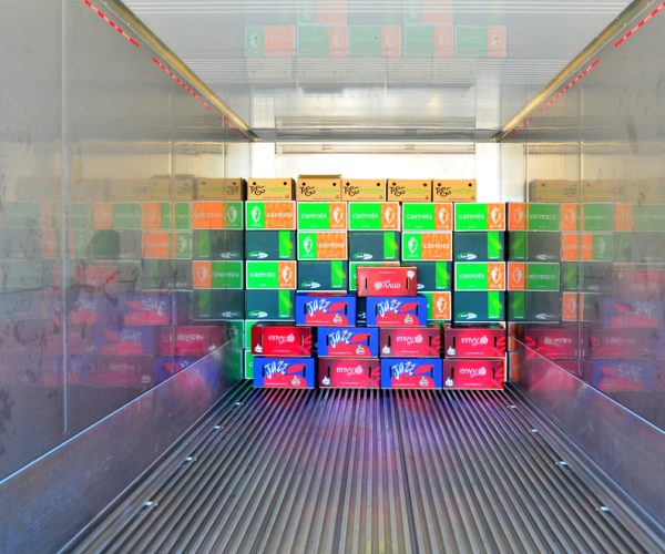 Boxes in a refrigerated container inside a refrigerated shipping container